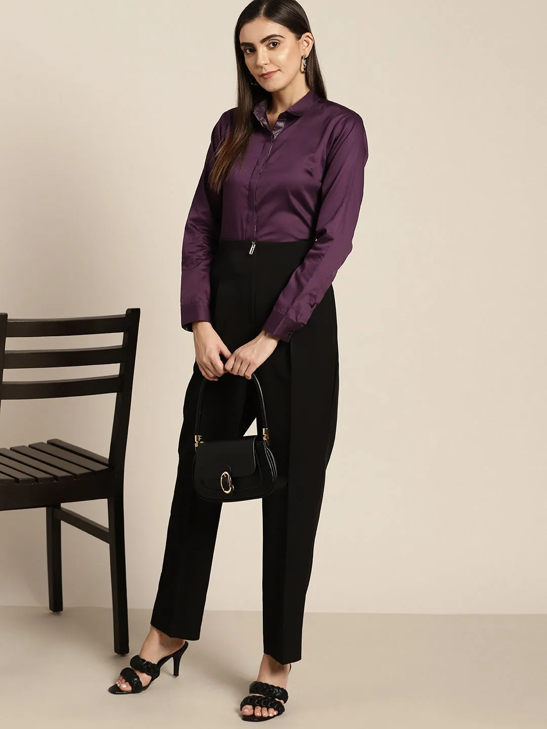 Women Burgundy Wine Solid Satin Pure Cotton Slim Fit Formal Shirt