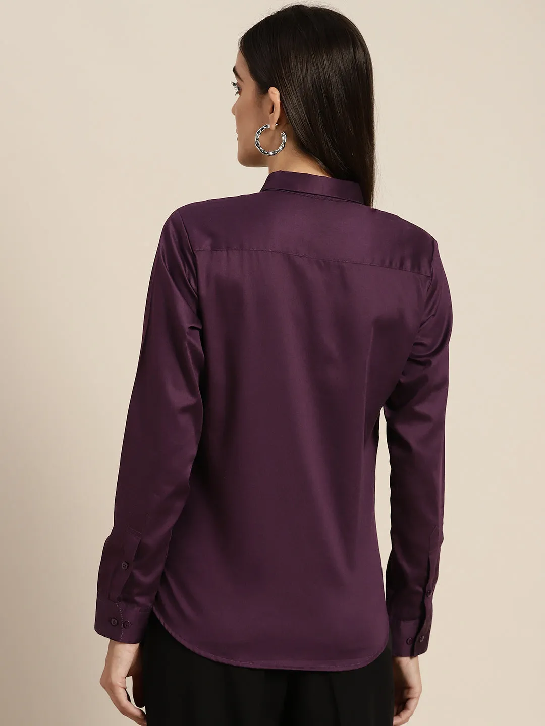 Women Burgundy Wine Solid Satin Pure Cotton Slim Fit Formal Shirt