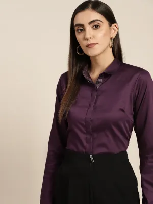Women Burgundy Wine Solid Satin Pure Cotton Slim Fit Formal Shirt
