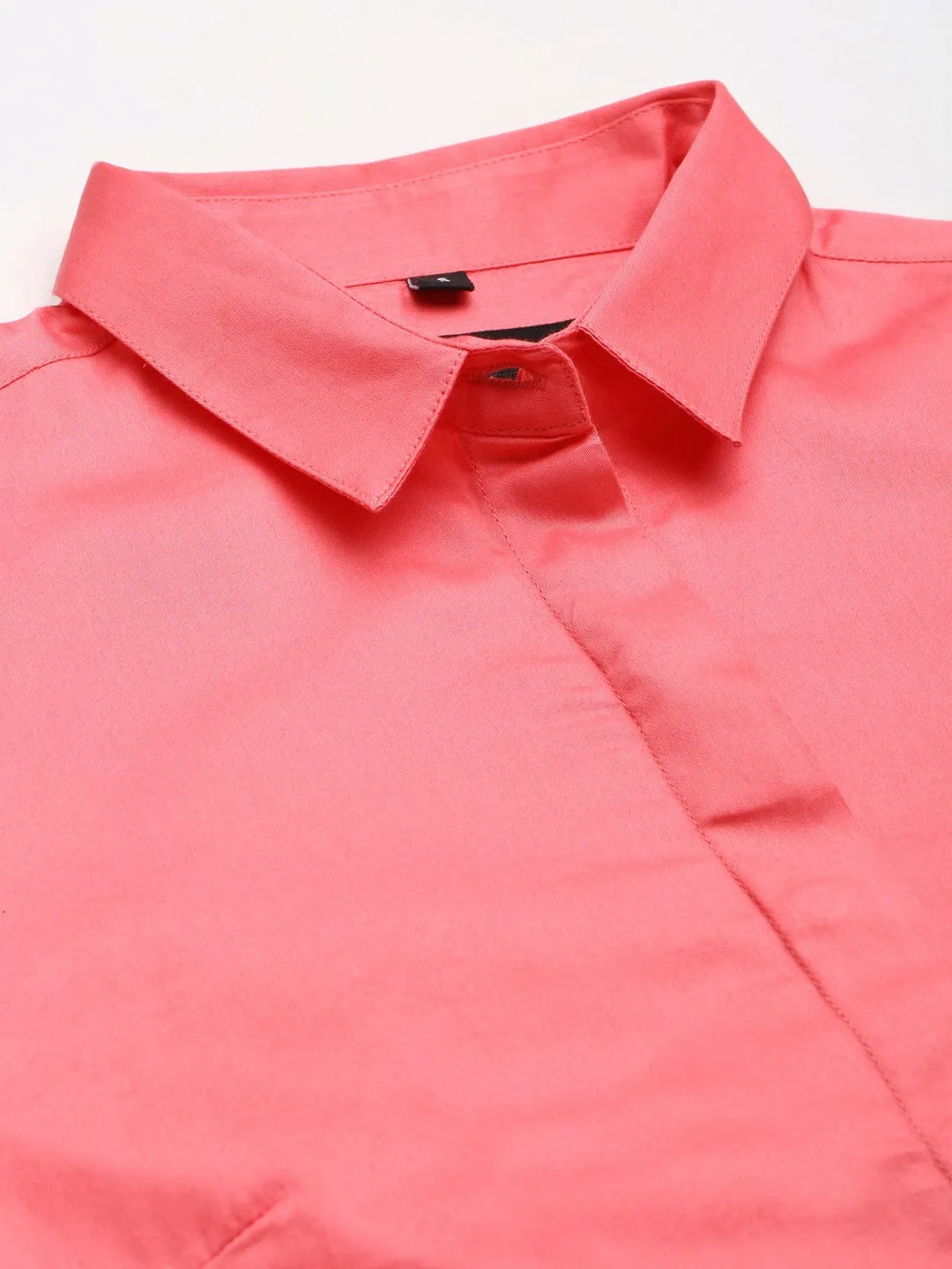 Women Coral Solid Pure Cotton Satin Slim Fit Formal Shirt