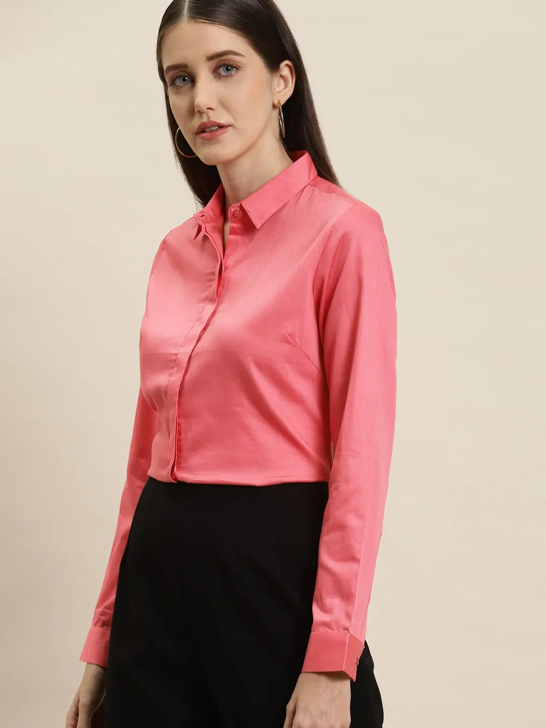 Women Coral Solid Pure Cotton Satin Slim Fit Formal Shirt