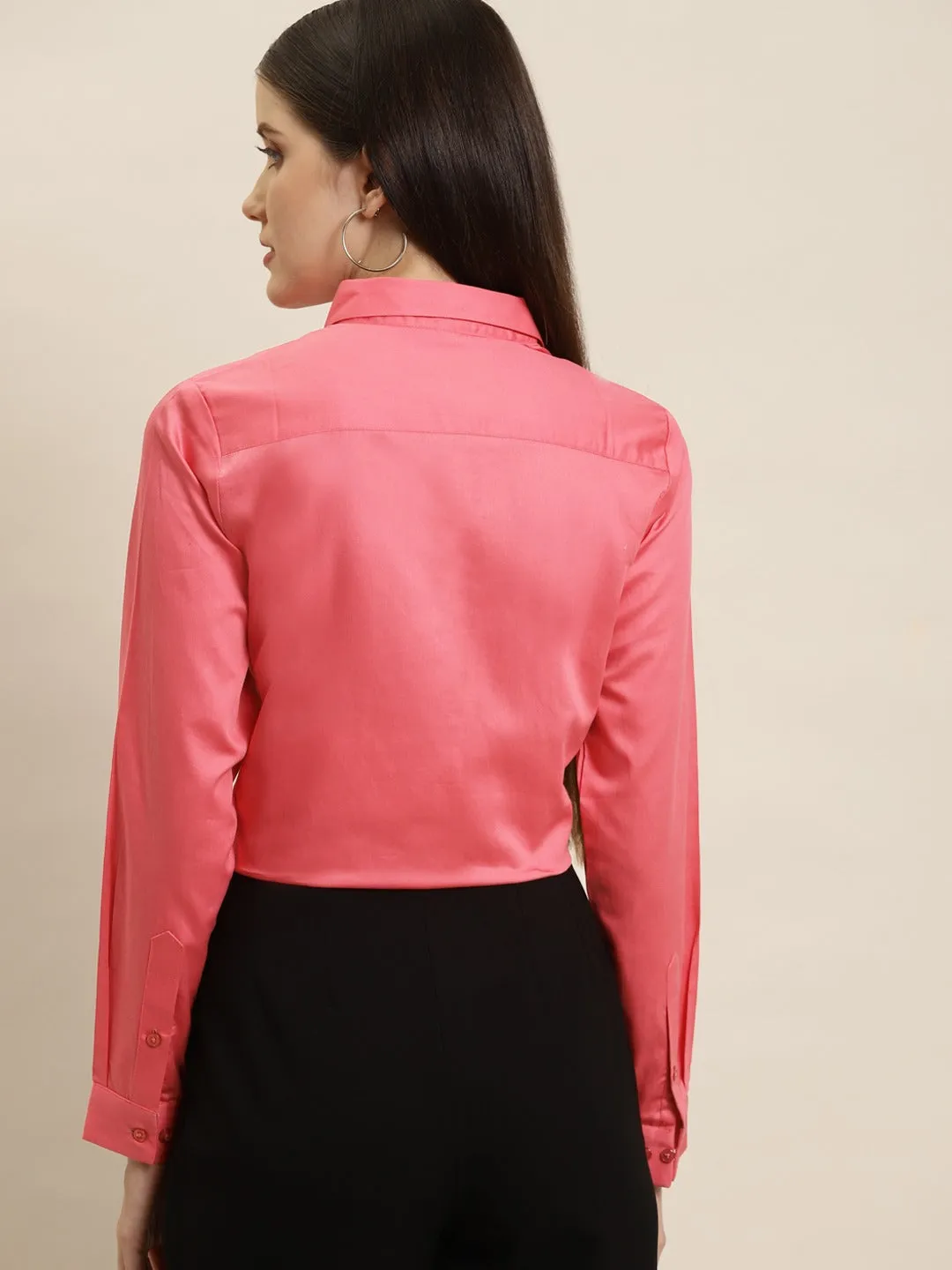 Women Coral Solid Pure Cotton Satin Slim Fit Formal Shirt