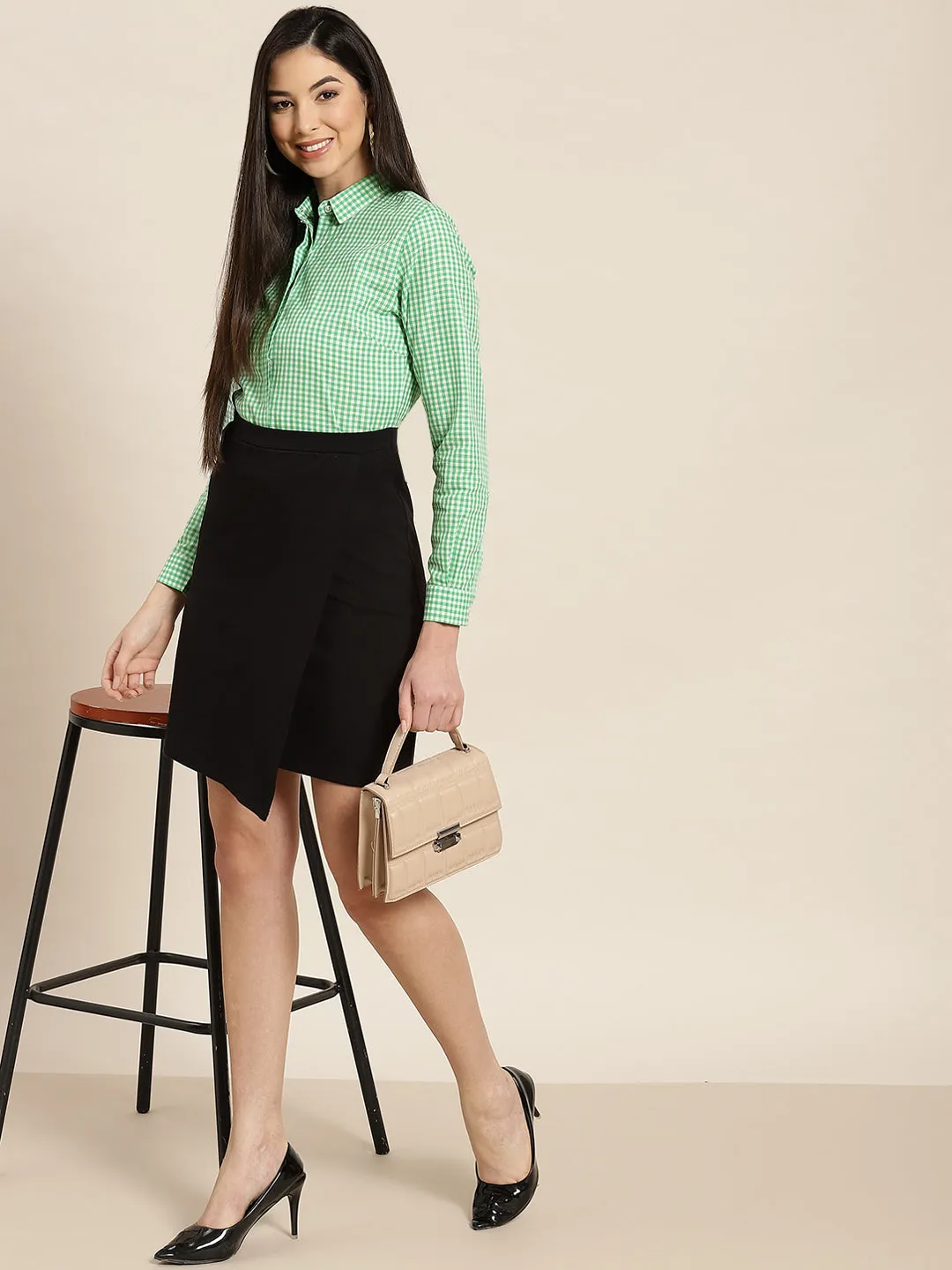 Women Green & White Checks Pure Cotton Slim Fit Formal Shirt