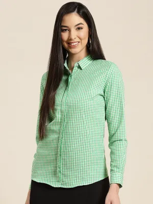 Women Green & White Checks Pure Cotton Slim Fit Formal Shirt
