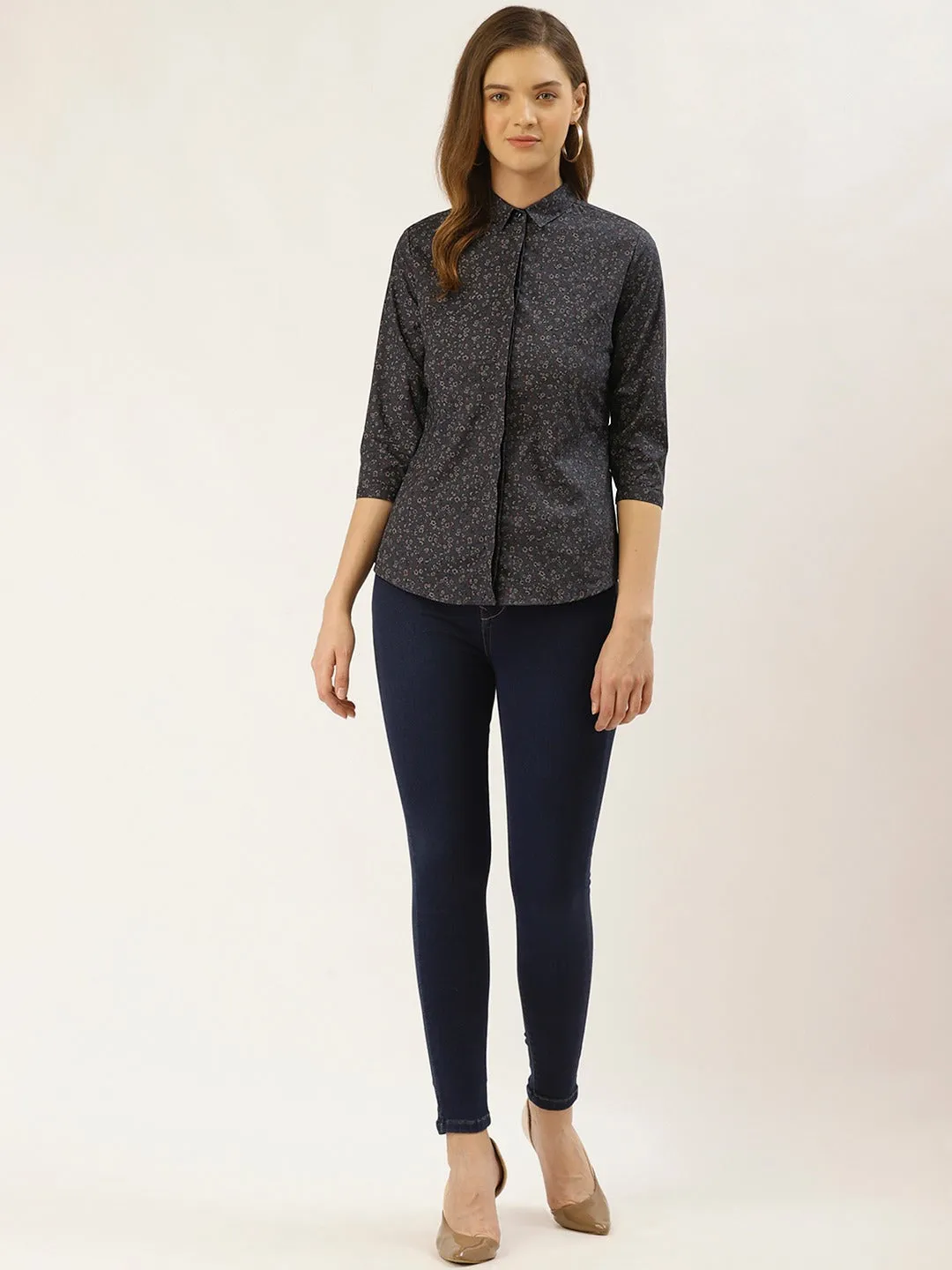 Women Green Prints Pure Cotton Slim Fit Formal Shirt