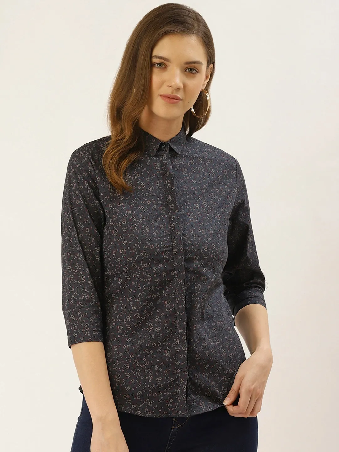 Women Green Prints Pure Cotton Slim Fit Formal Shirt