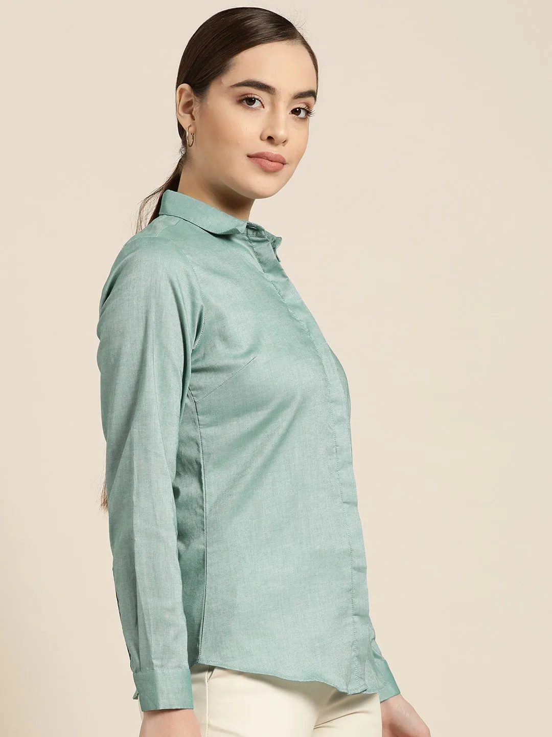 Women Green Solid Pure Cotton Slim Fit Formal Shirt