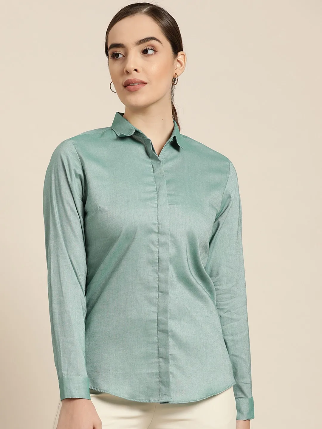 Women Green Solid Pure Cotton Slim Fit Formal Shirt