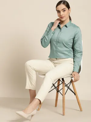 Women Green Solid Pure Cotton Slim Fit Formal Shirt