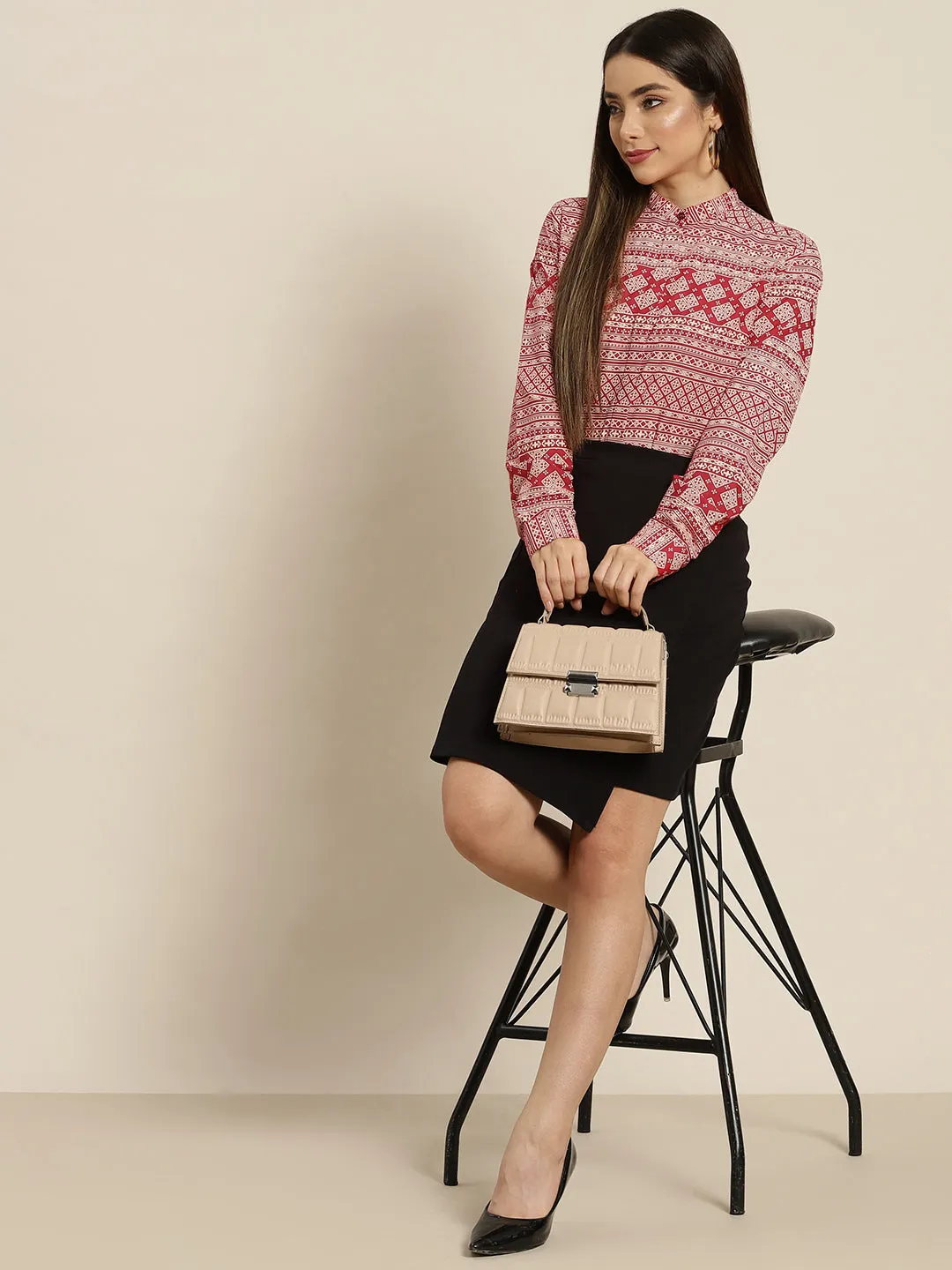 Women Maroon & Beige Printed Pure Cotton Regular Fit Formal Shirt