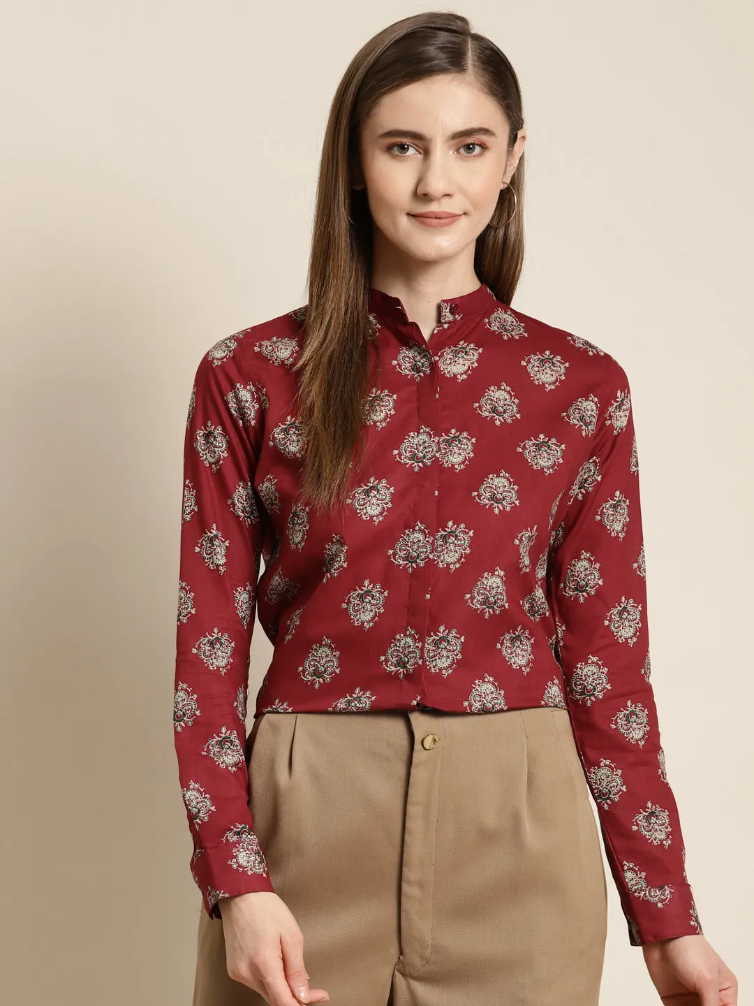 Women Maroon Printed Pure Cotton Regular Fit Formal Shirt