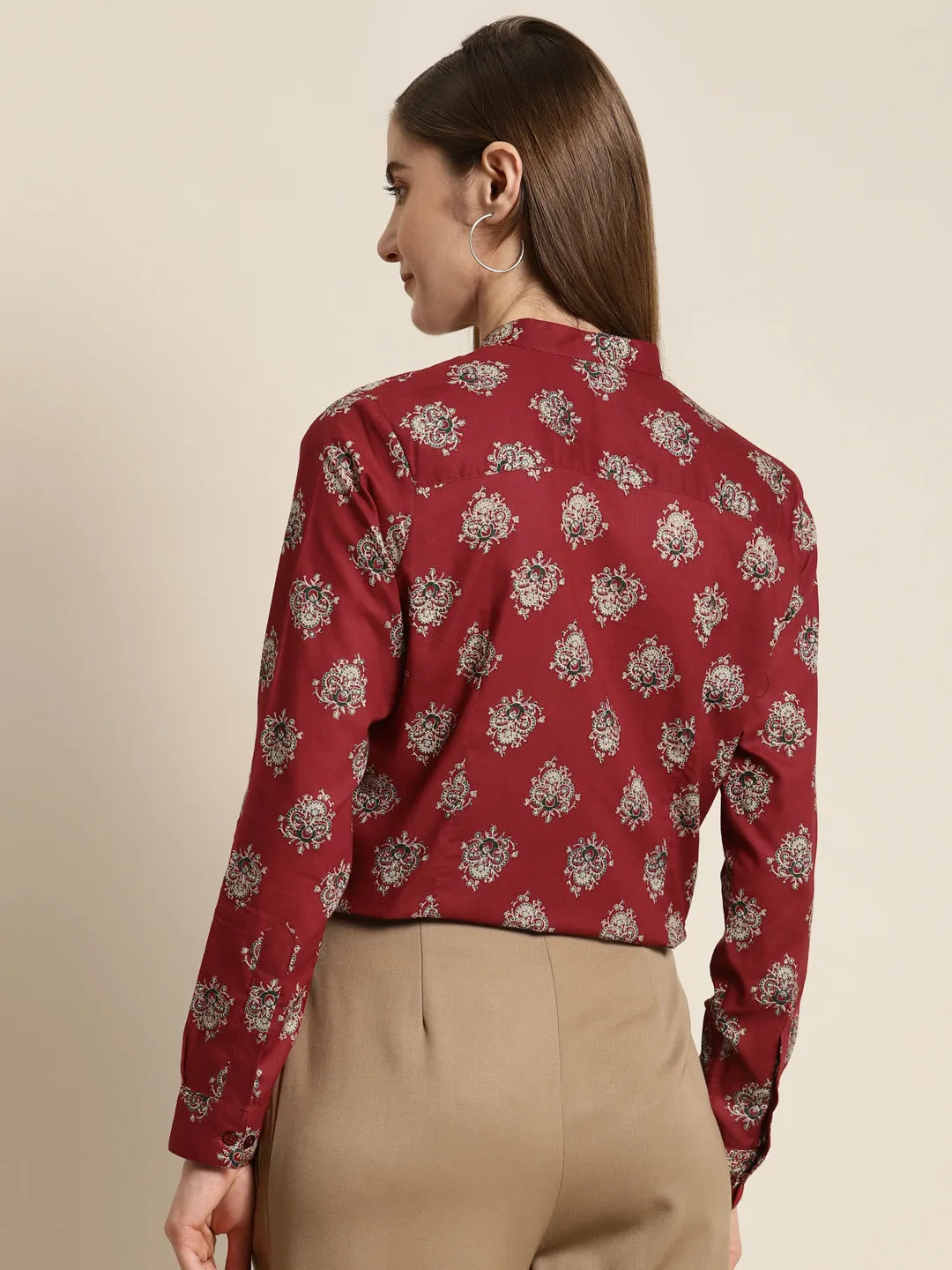 Women Maroon Printed Pure Cotton Regular Fit Formal Shirt
