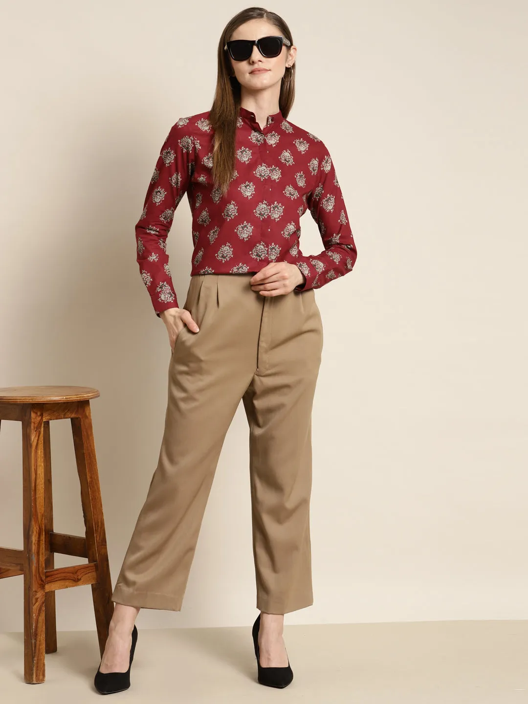 Women Maroon Printed Pure Cotton Regular Fit Formal Shirt