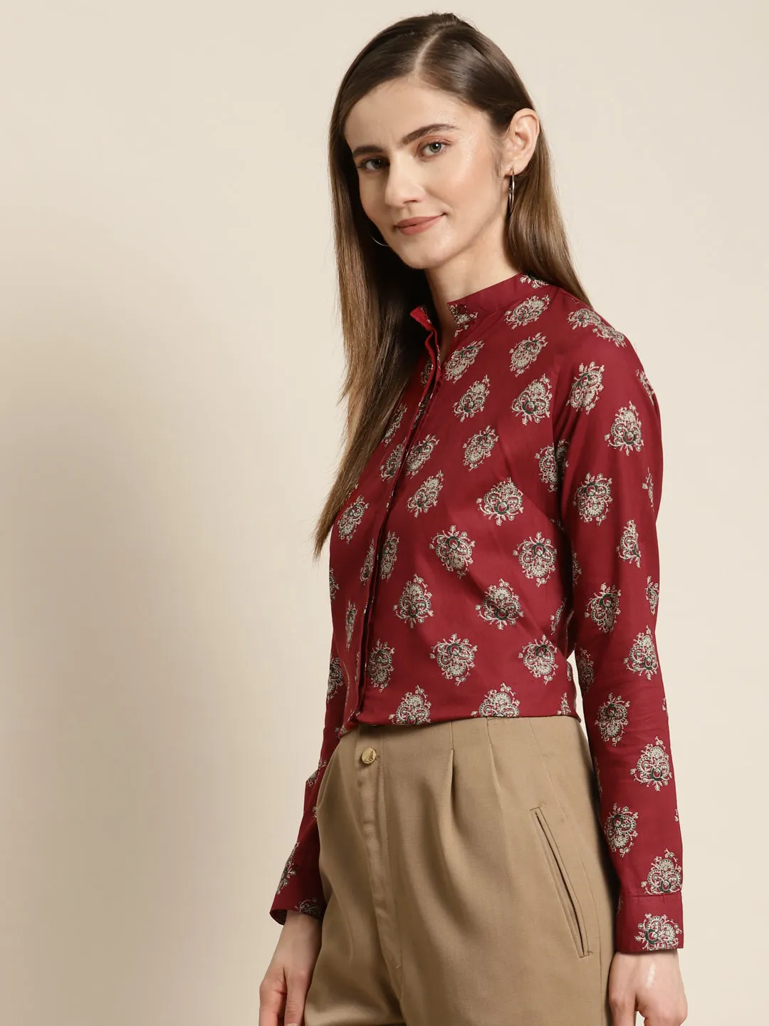 Women Maroon Printed Pure Cotton Regular Fit Formal Shirt