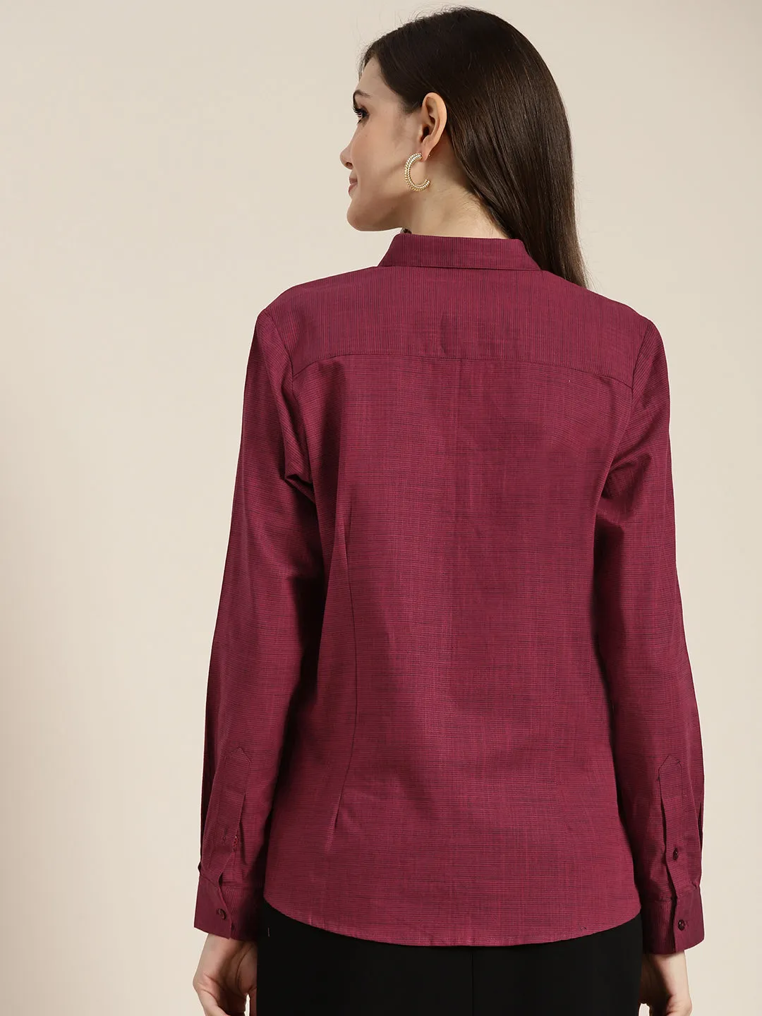 Women Maroon Solid Pure Cotton Regular Fit Formal Shirt