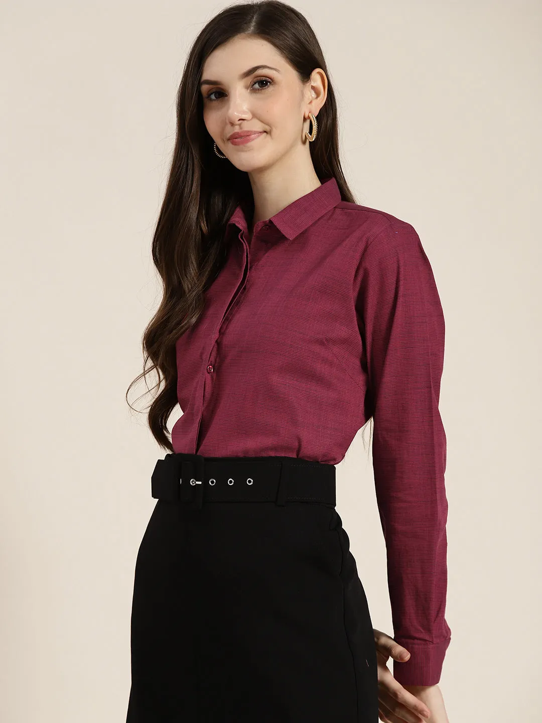 Women Maroon Solid Pure Cotton Regular Fit Formal Shirt