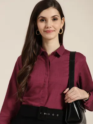 Women Maroon Solid Pure Cotton Regular Fit Formal Shirt