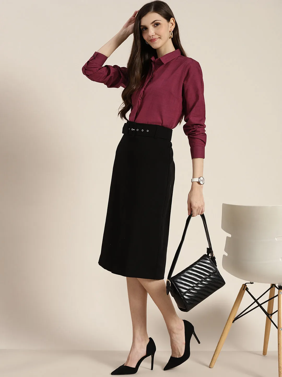 Women Maroon Solid Pure Cotton Regular Fit Formal Shirt