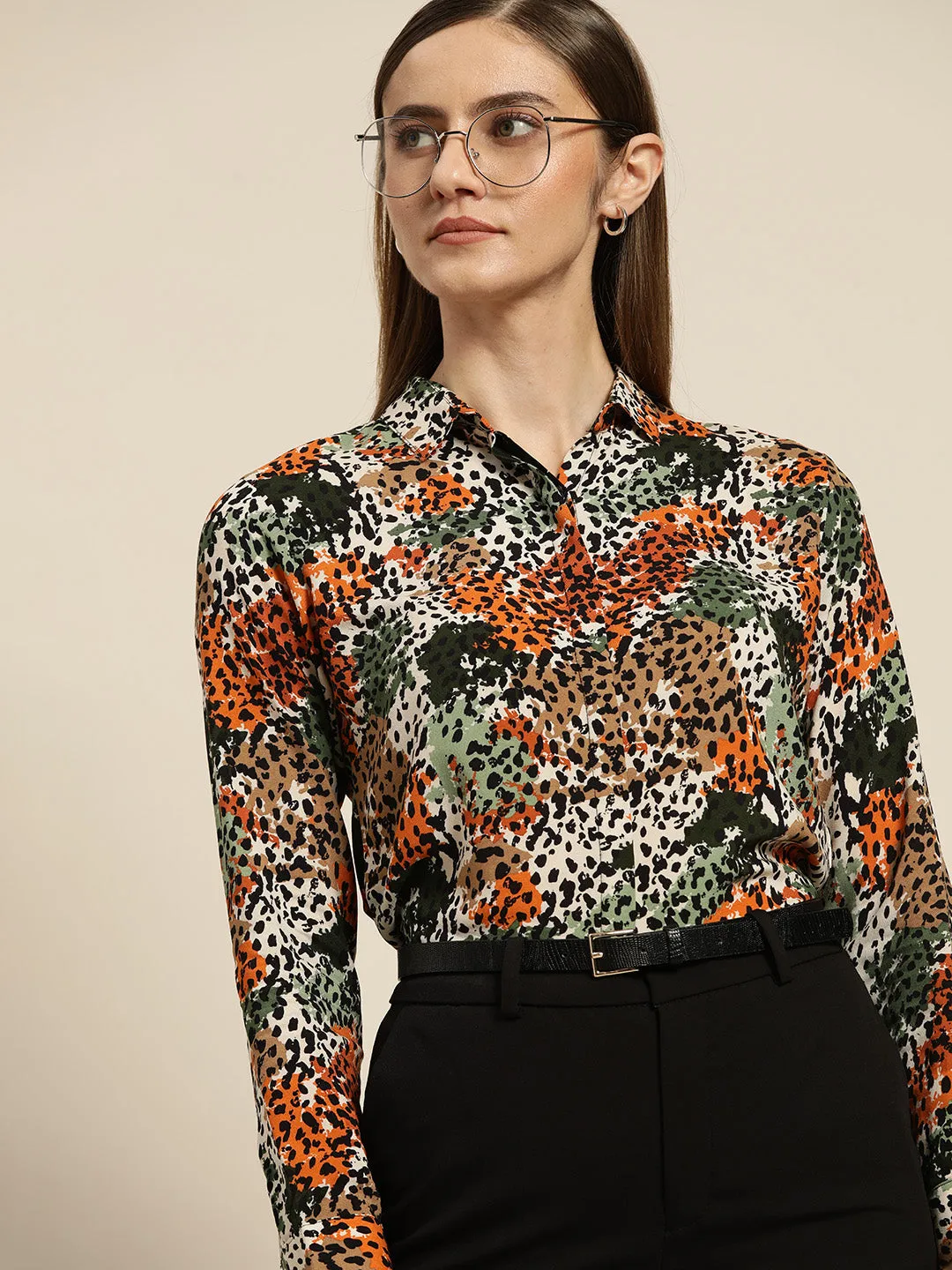 Women Mustard & Green Printed Viscose Rayon Slim Fit Formal Shirt