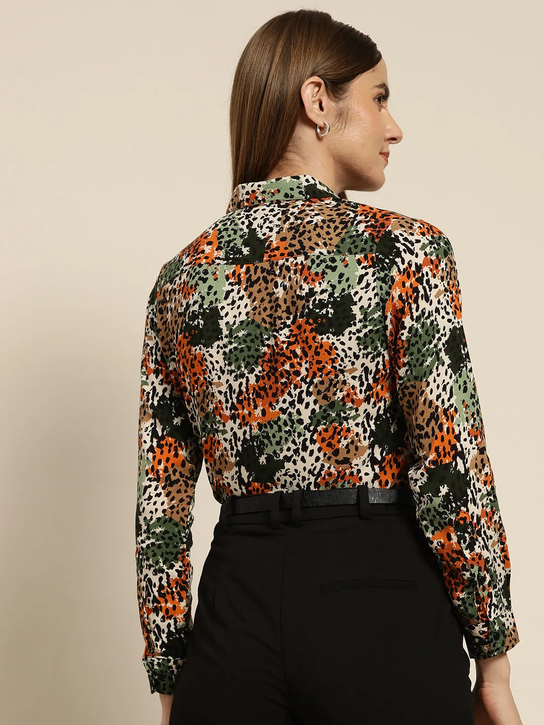 Women Mustard & Green Printed Viscose Rayon Slim Fit Formal Shirt