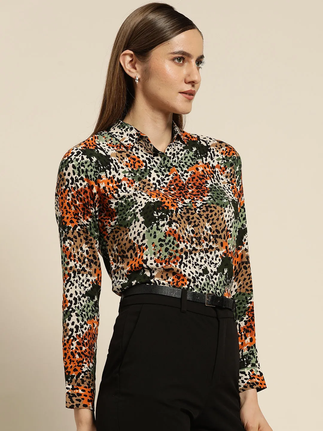 Women Mustard & Green Printed Viscose Rayon Slim Fit Formal Shirt