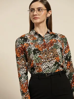 Women Mustard & Green Printed Viscose Rayon Slim Fit Formal Shirt