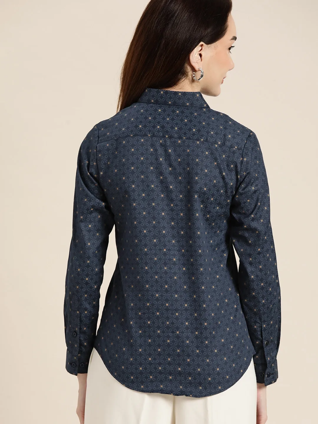Women Navy Printed Pure Cotton Slim Fit Formal Shirt