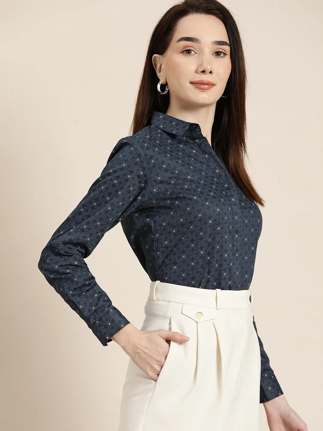 Women Navy Printed Pure Cotton Slim Fit Formal Shirt
