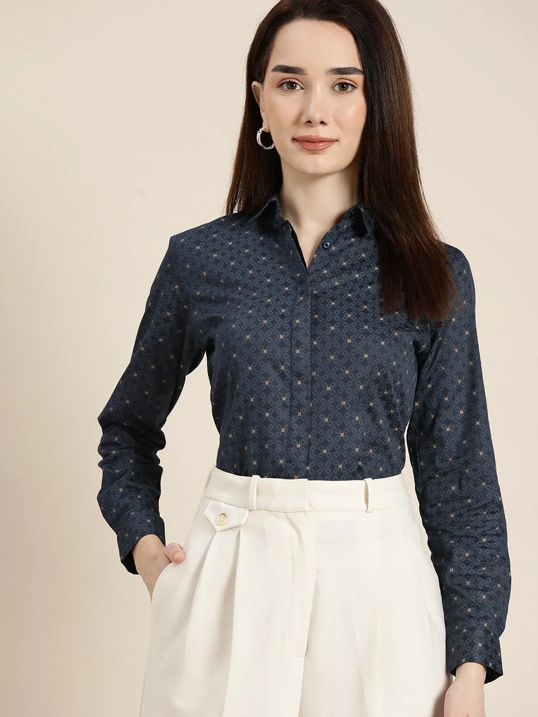 Women Navy Printed Pure Cotton Slim Fit Formal Shirt