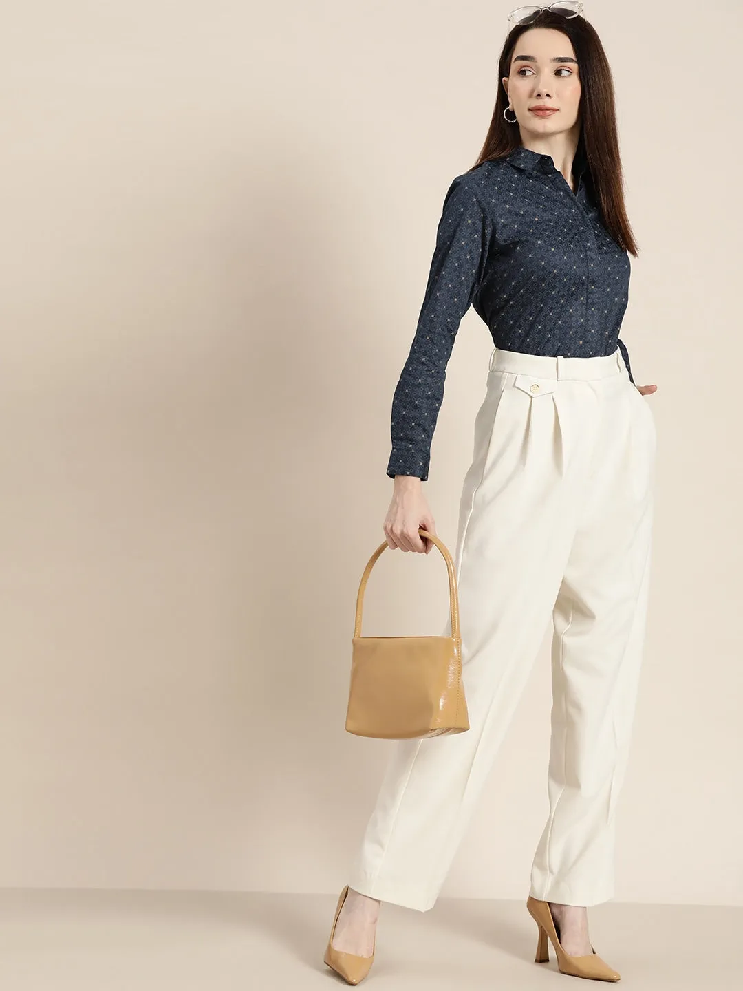 Women Navy Printed Pure Cotton Slim Fit Formal Shirt