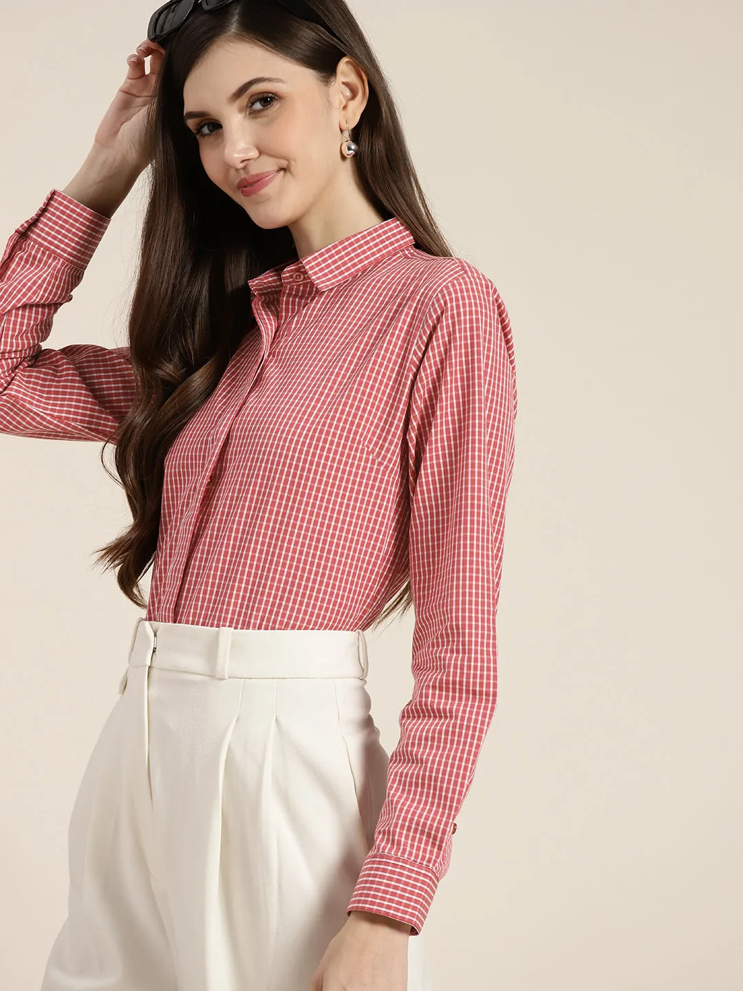 Women Pink Checked Pure Cotton Regular Fit Formal Shirt