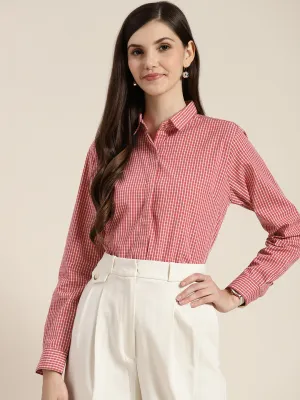 Women Pink Checked Pure Cotton Regular Fit Formal Shirt