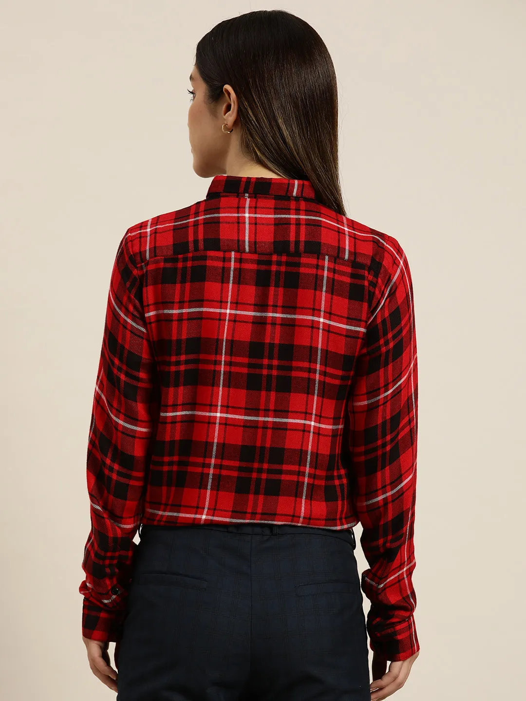 Women Red & Black Checked Viscose Rayon Slim Fit Formal Shirt