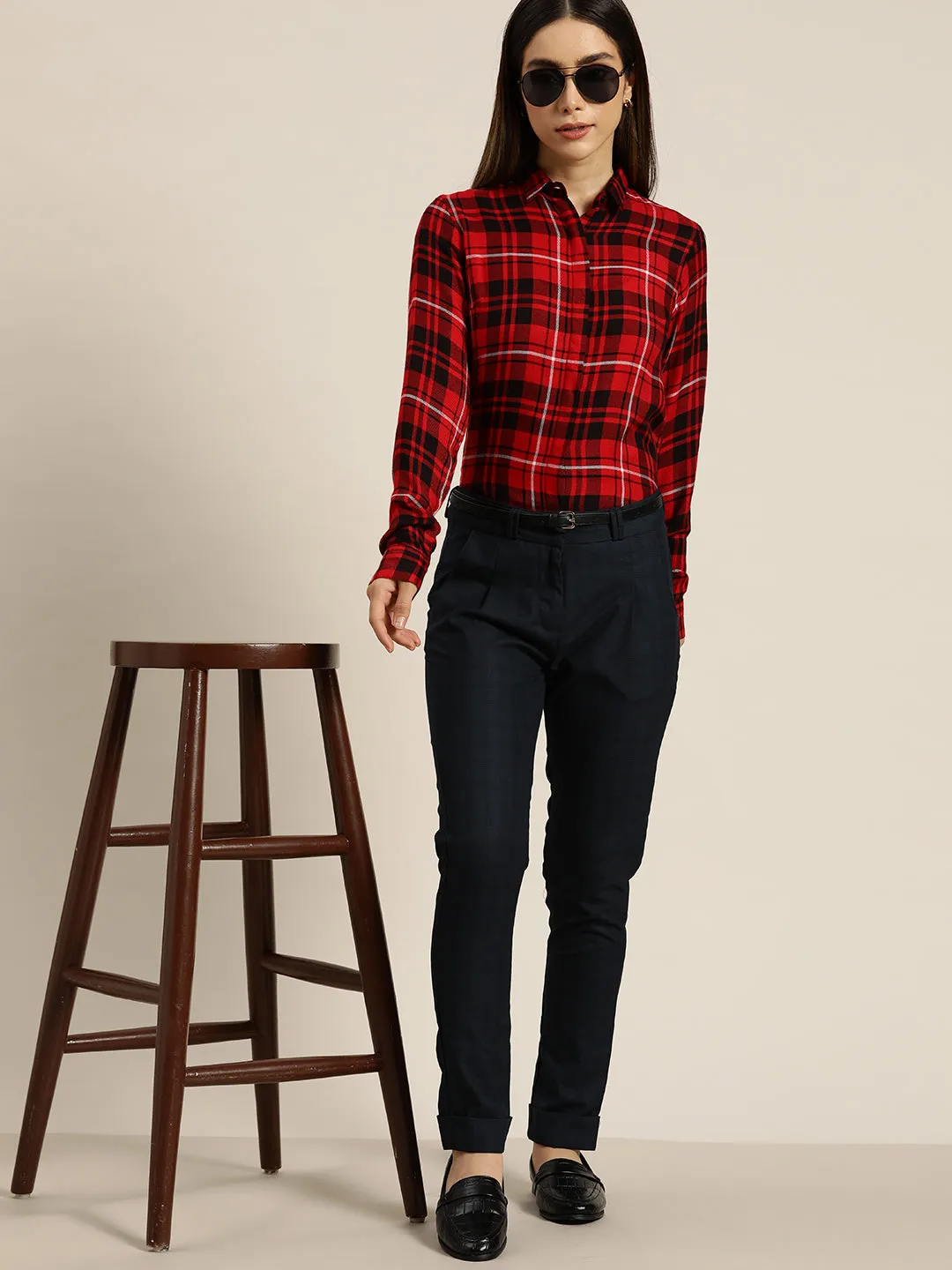 Women Red & Black Checked Viscose Rayon Slim Fit Formal Shirt
