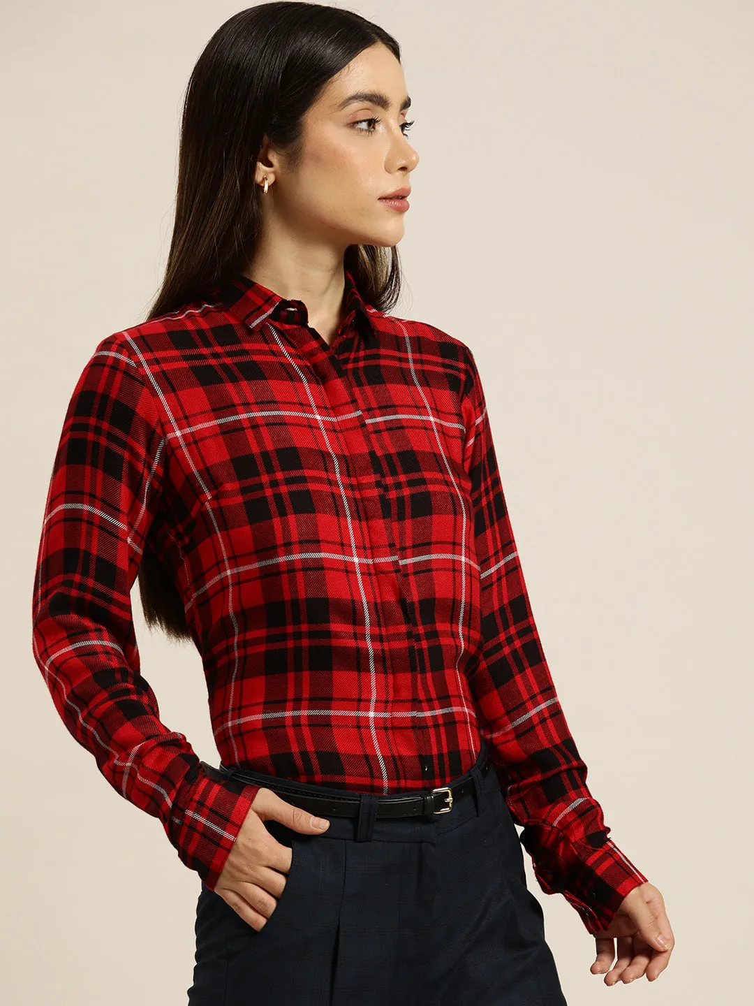 Women Red & Black Checked Viscose Rayon Slim Fit Formal Shirt
