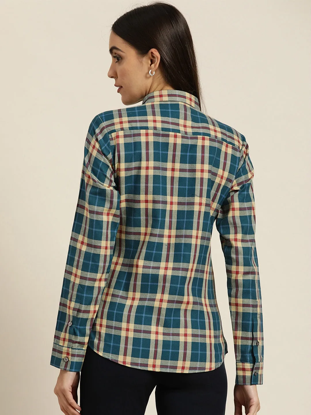 Women Turquoise & Beige Tartan Plaided Checked Cotton Slim Fit Formal Shirt