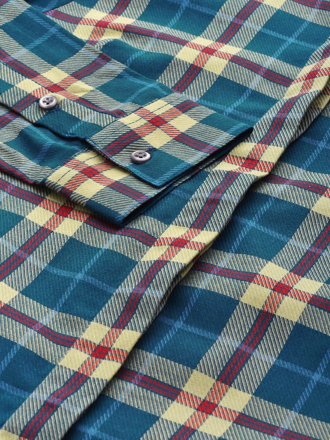 Women Turquoise & Beige Tartan Plaided Checked Cotton Slim Fit Formal Shirt