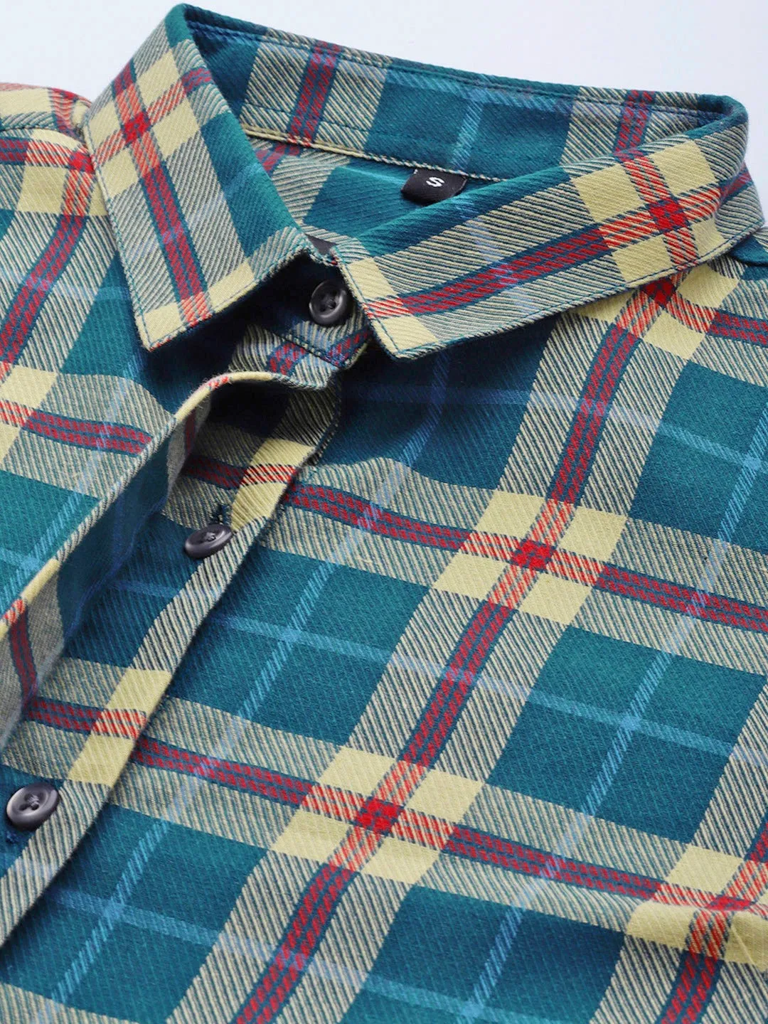 Women Turquoise & Beige Tartan Plaided Checked Cotton Slim Fit Formal Shirt