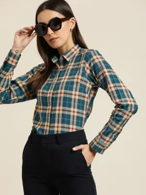Women Turquoise & Beige Tartan Plaided Checked Cotton Slim Fit Formal Shirt