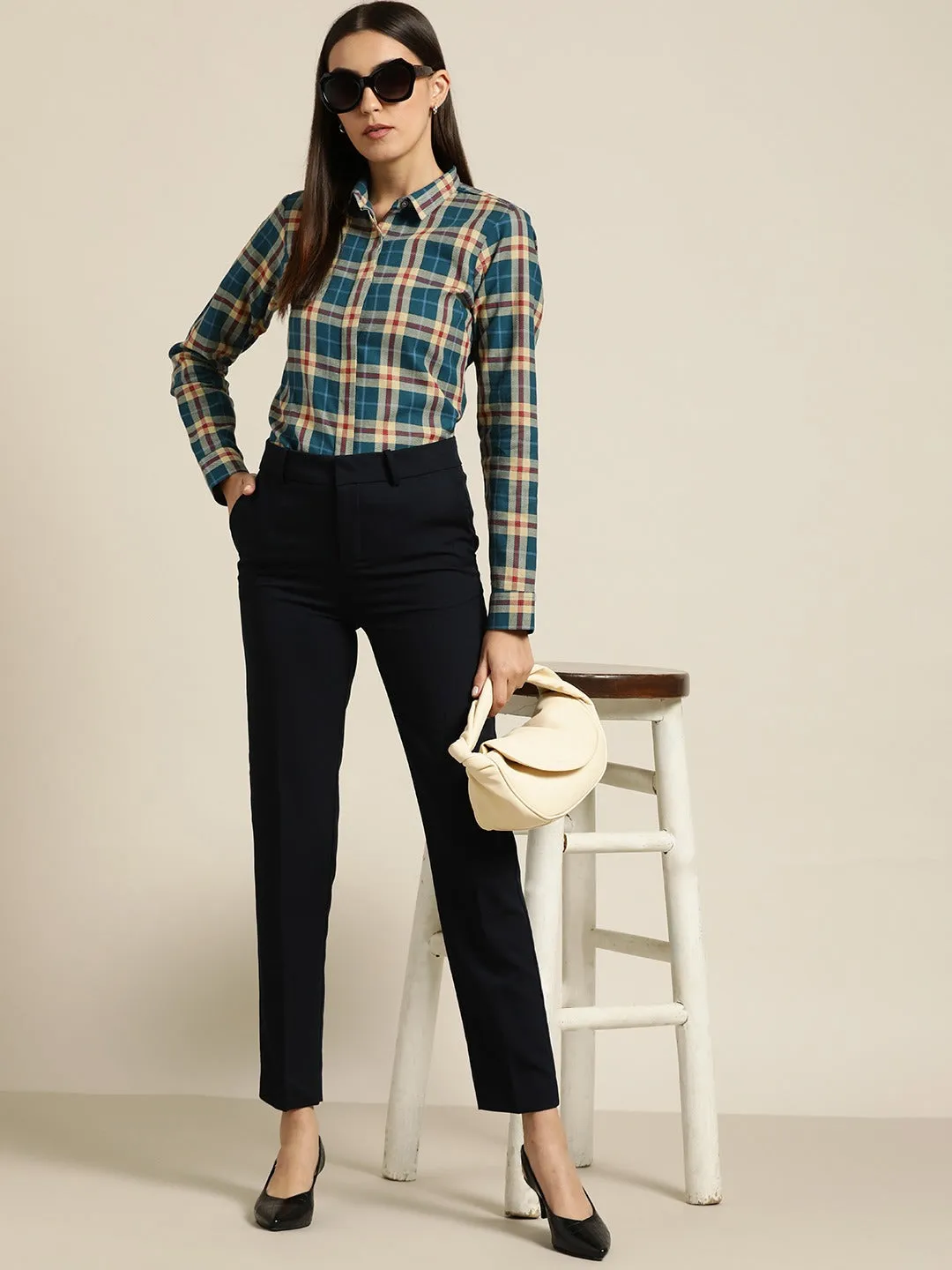 Women Turquoise & Beige Tartan Plaided Checked Cotton Slim Fit Formal Shirt