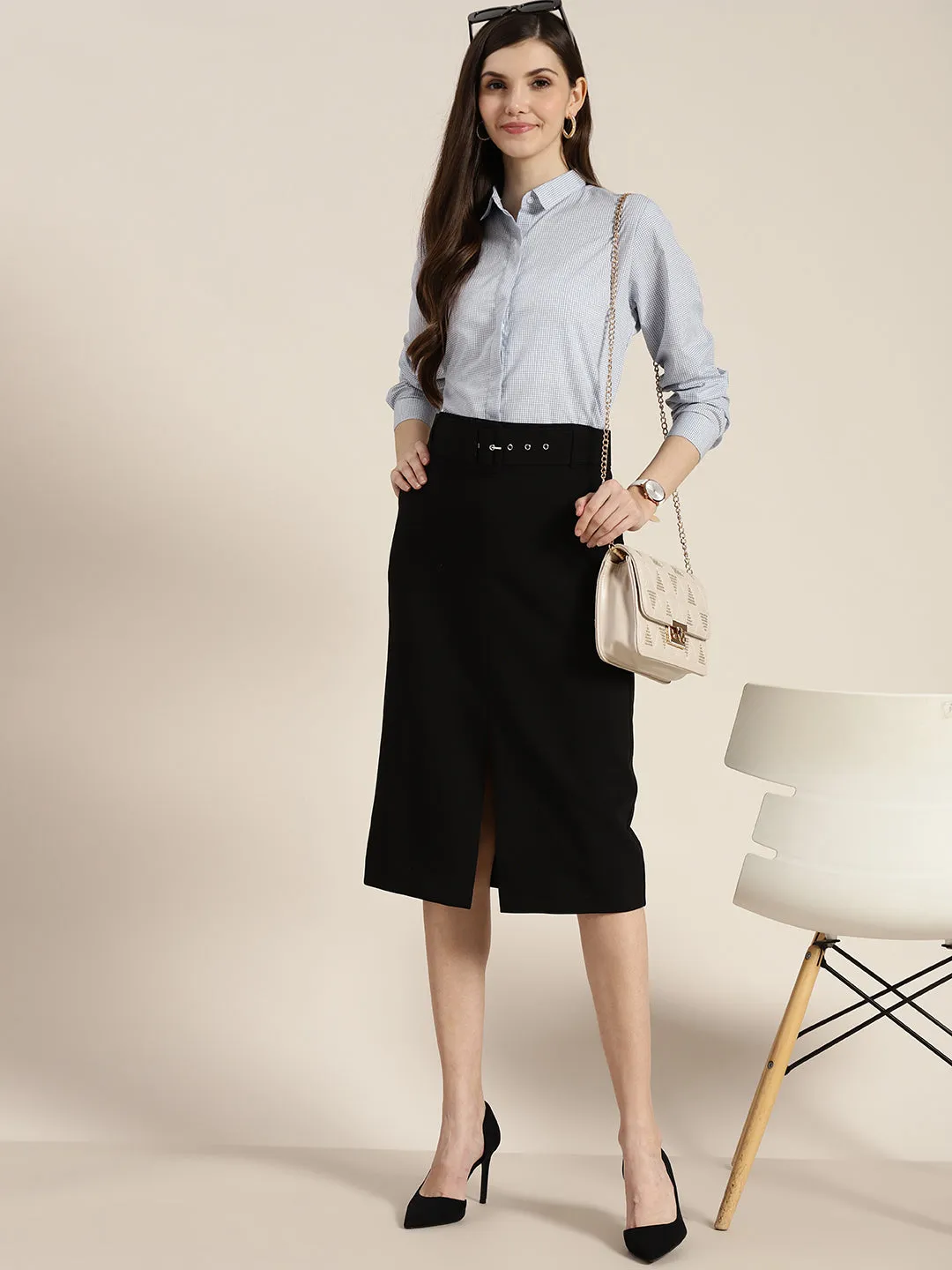 Women White & Blue Checked Pure Cotton Regular Fit Formal Shirt