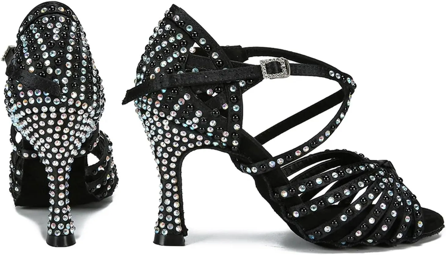 Women's Black Satin Latin Dance Shoes - Salsa Tango Ballroom High Heel Sandals, 5CM/2Inch Heel Height