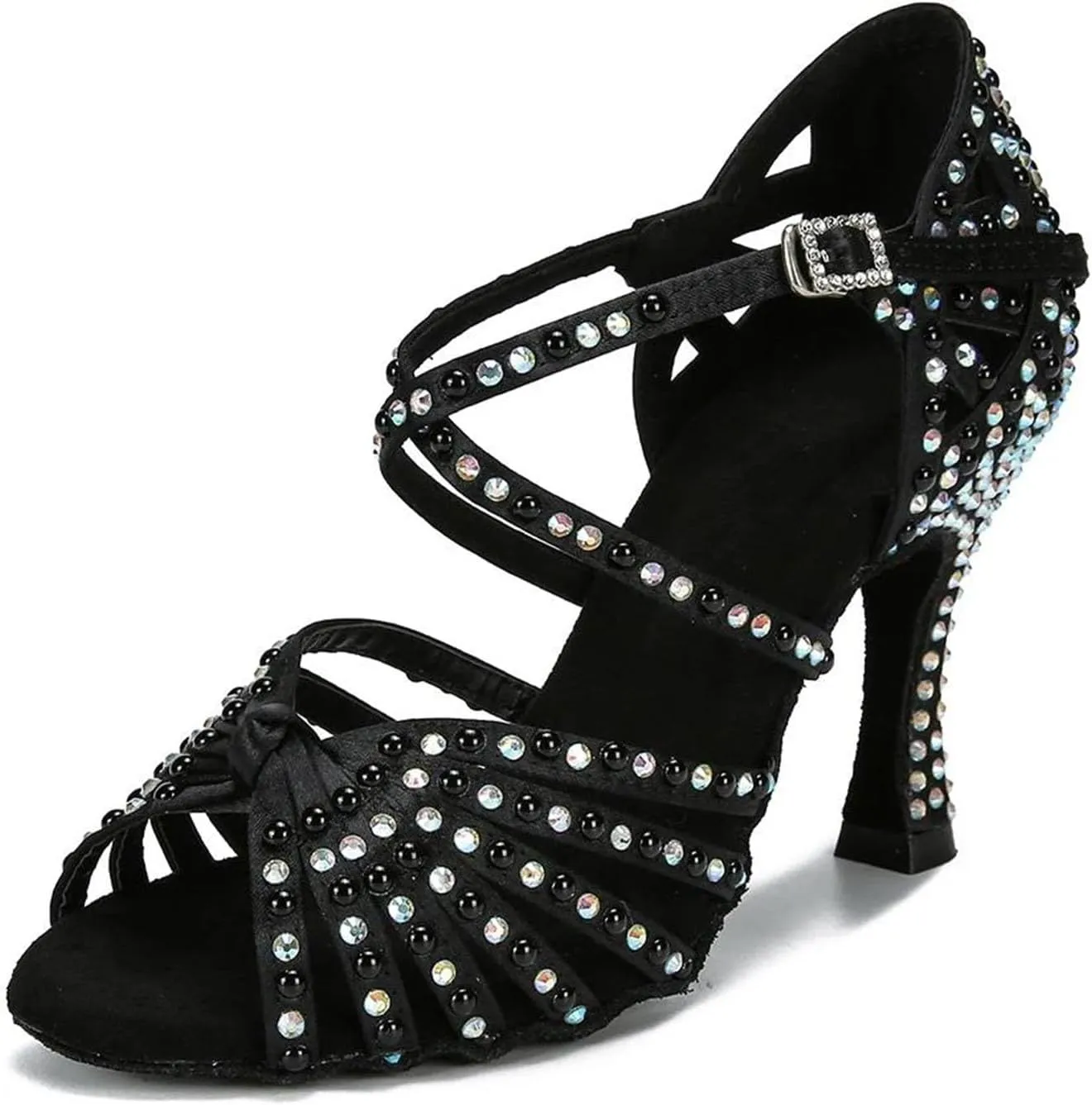 Women's Black Satin Latin Dance Shoes - Salsa Tango Ballroom High Heel Sandals, 5CM/2Inch Heel Height