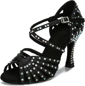 Women's Black Satin Latin Dance Shoes - Salsa Tango Ballroom High Heel Sandals, 5CM/2Inch Heel Height