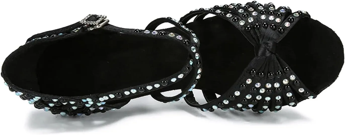 Women's Black Satin Latin Dance Shoes - Salsa Tango Ballroom High Heel Sandals, 5CM/2Inch Heel Height