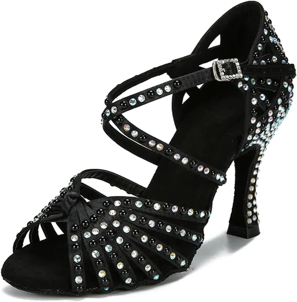 Women's Black Satin Latin Dance Shoes - Salsa Tango Ballroom High Heel Sandals, 5CM/2Inch Heel Height
