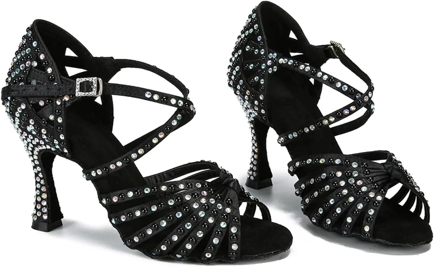 Women's Black Satin Latin Dance Shoes - Salsa Tango Ballroom High Heel Sandals, 5CM/2Inch Heel Height