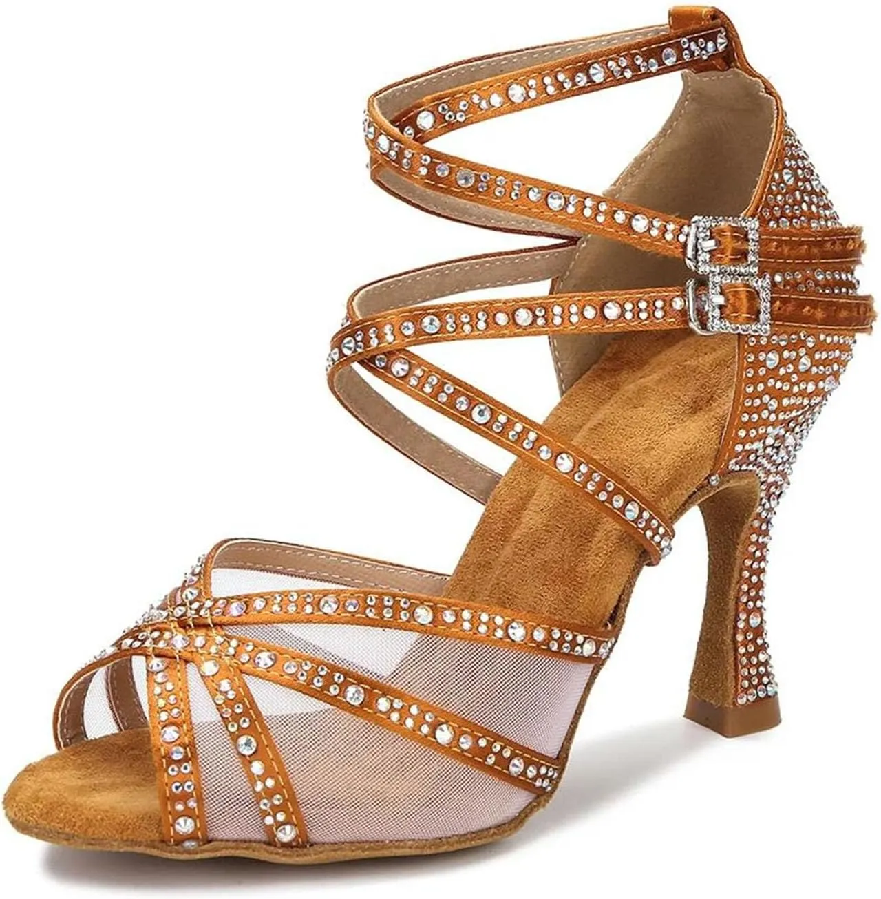 Women's Mesh Latin Dance Shoes - Ballroom Silk Satin Soft Bottom Sandals, 5CM/2Inch Heel Height