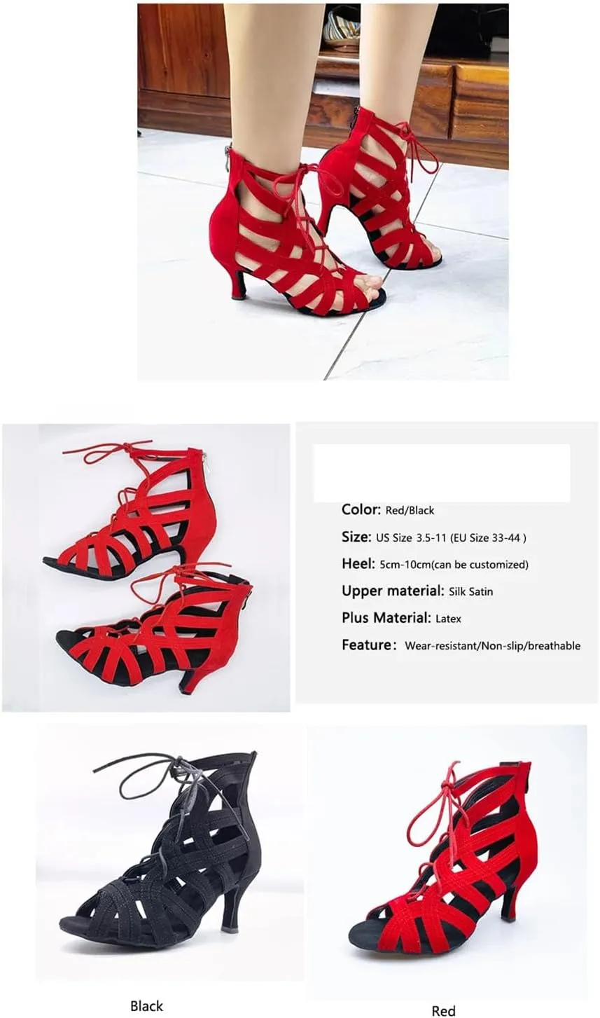 Women's Red Latin Dance Shoes - Salsa Ballroom Tango Wedding Boots, 10CM/3.9Inch Heel Height