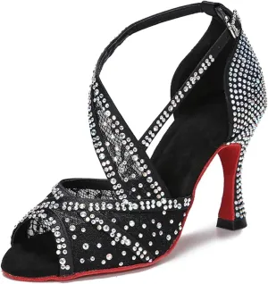 Women's Red Sole Latin Dance Shoes - Tango Ballroom Cuban Heel Wedding Sandals, 10CM/3.9Inch Heel Height